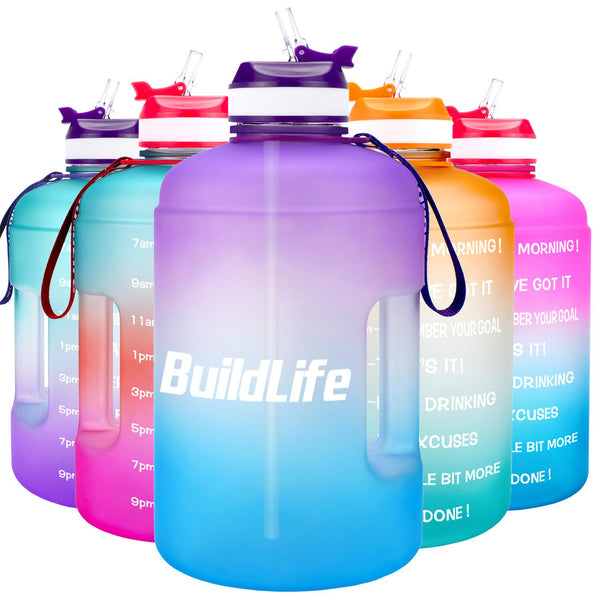 BuildLife 1 Gallon Water Bottle with Straw Time Marker 2.2L