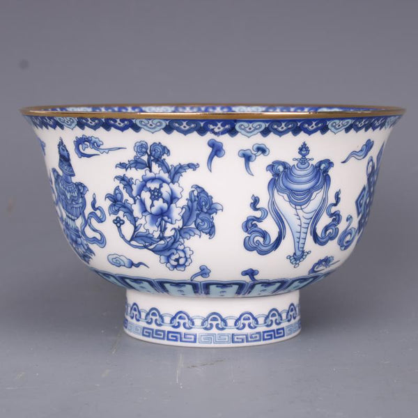 Qing Dynasty blue and white bowl with gold border eight treasures pattern bowl