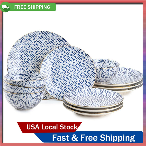 Blue Dot 12 Piece Dinnerware Set Dinner Set Plates and Dishes